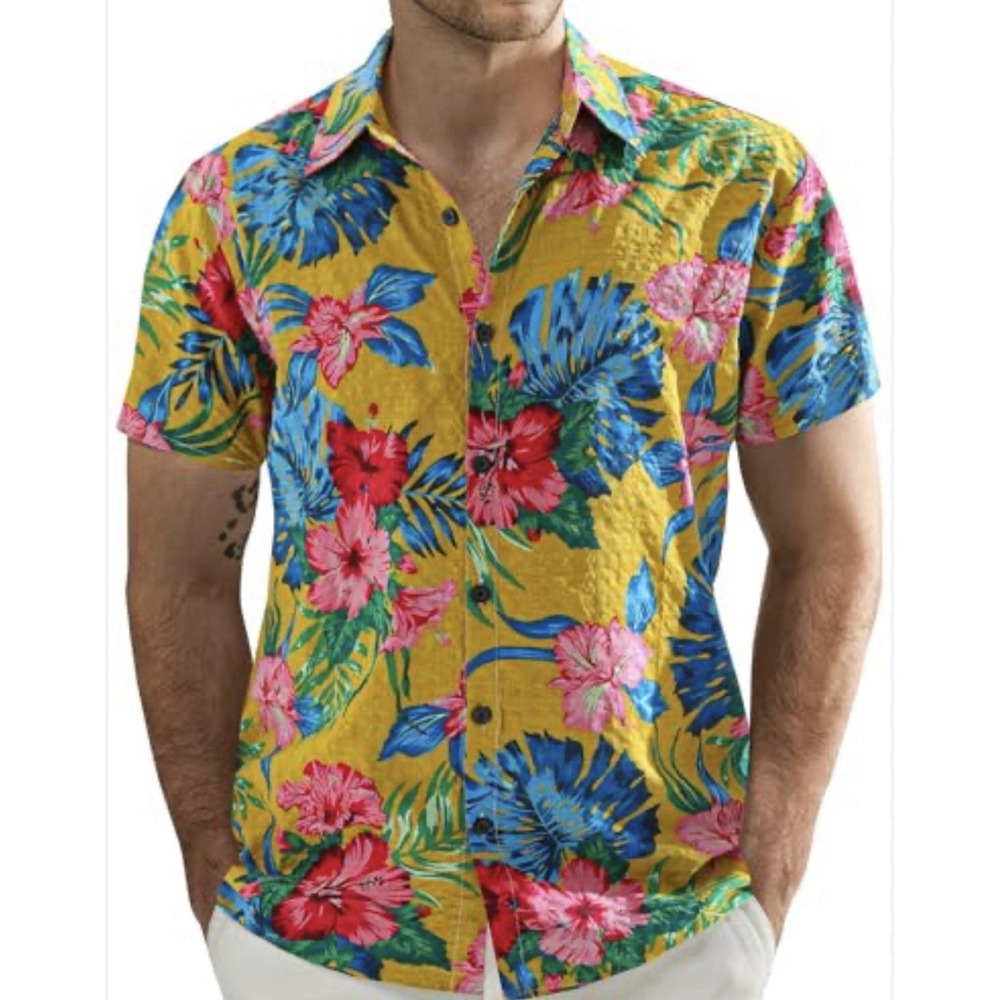 Jogal Men's Hawaiian Shirt Short Sleeve Button Down Tropical Floral Sz-L Viscose